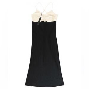 House of Harlow 1960 Women’s Two Toned Keyhole Black Cream Satin Slip Midi Dress